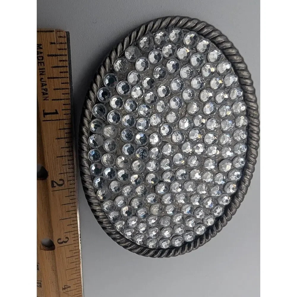 Vintage Sparkle Rhinestone Oval Belt Buckle Western Bling Silver Tone Rope Edge